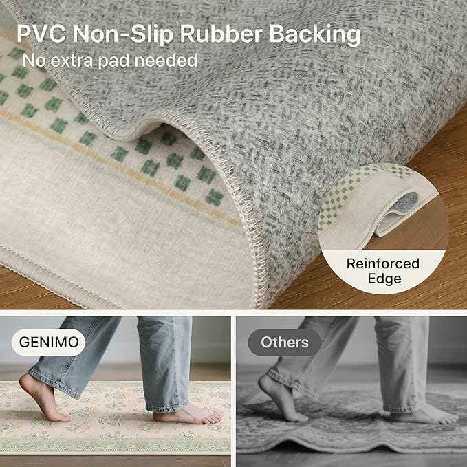GENIMO Green Floral Area Rug for Living Room, 6x9 Washable Rug Vintage Boho Area Rug with Non-Slip Backing, Soft Carpet for Indoor Bedroom, Dining Room,Girls Kids Room and Nursery Room