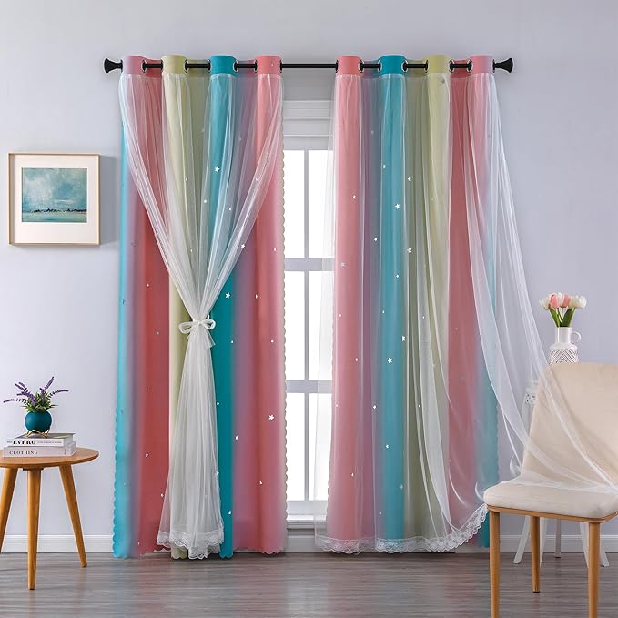 XiDi Girls Curtains for Bedroom 96 Inches Long 2 Panels Pink Blue Yellow Rainbow Blackout Curtains for Little Girl Kids Room Decor Living Room, Princess Unicorn Wall Decals Drapes 52x96