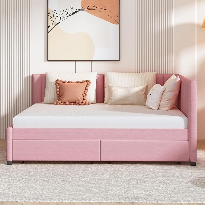 Harper & Bright Designs Full Size Upholstered Daybed with 2 Storage Drawers Sofa Bed Frame for Boys Girls Kids Adults Toddler No Box Spring Needed, Linen Fabric (Pink)