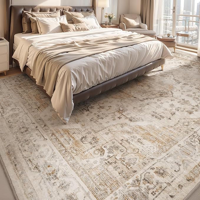 AMOAMI-3X5 Area Rug-Soft Washable Vintage Throw Accent Rugs for Living Room, Entryway, Bedroom, Kitchen, Bathroom, Laundry Room, Kitchen, Bathroom, Bedside, No Slip Beige