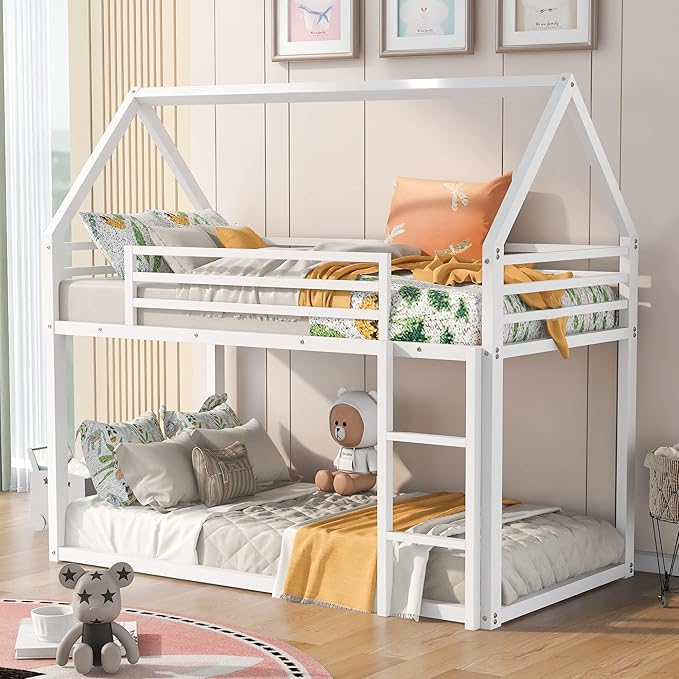 MERITLINE Metal Bunk Bed Twin Over Twin Size House Shaped Bunk Bed Frame Low Bunk Beds for Kids and Toddlers, Twin Size