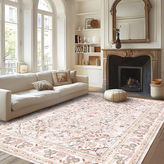 Vhong Pink Area Rugs Washable Boho Vintage Modern Neutral Large Carpet 6×9 High Traffic Rugs for Dinning Room Living Room Bedroom Girls' Room Nursery Room Non Slip