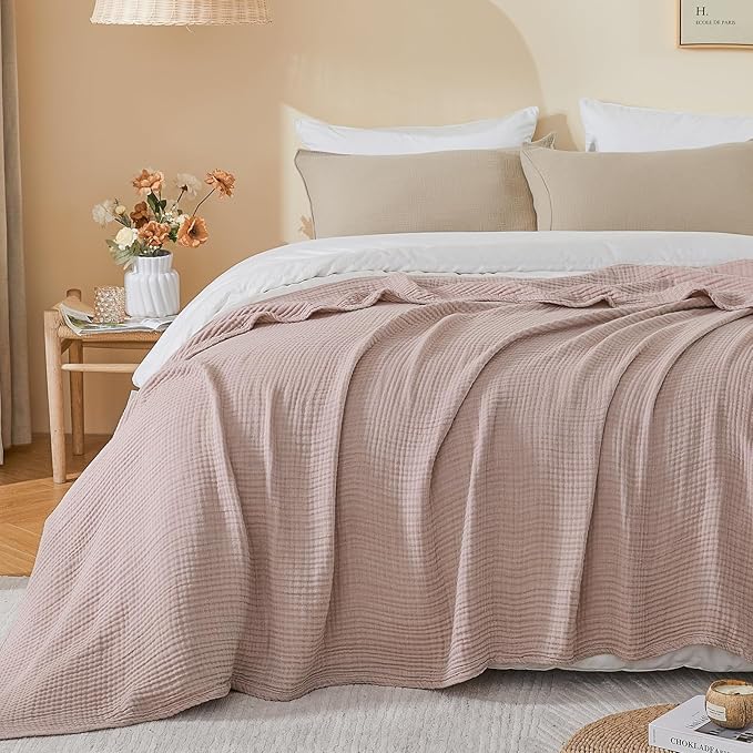 EMME Cotton Muslin King Blanket Breathable Gauze Soft Lightweight Blankets Adults Gifts for Women (Heather Dusty Pink, 108"x90")
