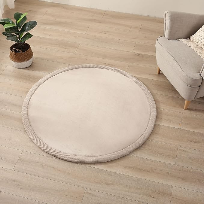 Hakuna Matte Coral Velvet Baby Play Mat Ø 47" Beige – High-Density Memory Foam Area Rug – Playmat for Floor with Non-Slip Backing for Crawling, Playing & Tummy Time
