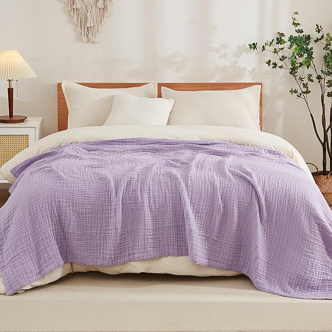 EMME Cotton Muslin King Blanket Big Oversized Bed Layering Bedspread Coverlet Breathable Gauze Soft Lightweight Blankets (Lavender, 120"x94")