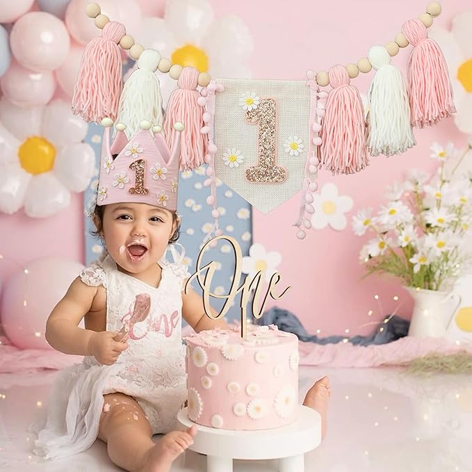 Boho Daisy Highchair Banner 1st Birthday Girl For First Party Decorations Set With Handmade Cake Topper Crown Hat
