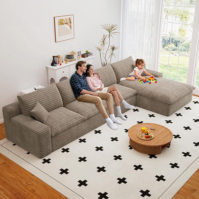 Cloud Sectional Couch,136 Inch Modular Sectional Sofa with Deep Seat, Modern Corduroy Boneless Couches with L-Shape Chaise for Living Room Bedroom, No Assembly Required (Camel, Right Facing Chaise)