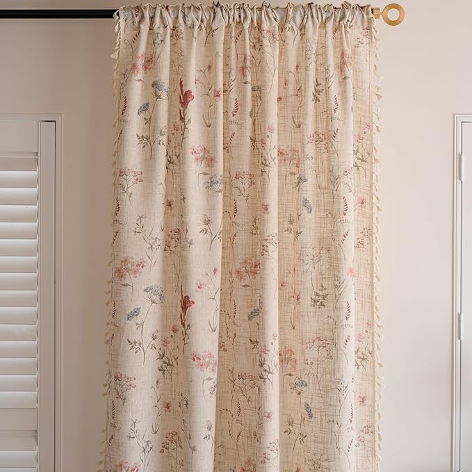 OYX Floral Curtains 2 Panels 52x96 Inches, Boho Tassel Semi-Sheer Light Filtering, Rod Pocket Farmhouse Window Drapes for Bedroom Living Room Dining Room, Bohemian Aesthetic Decor