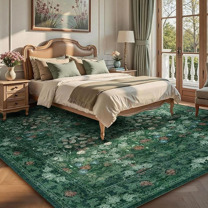 Green Floral 8x10 Living Room Area Rug, Washable Vintage Distressed Rug for Bedroom, Dining Room Under Kitchen Table, Large Low Pile Non Slip Carpet - Soft Boho Botanical Accent Mat