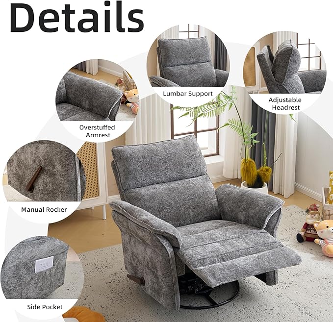 Oversized Glider Rocker Recliner, 26" Extra Wide 360° Swivel Nursery Recliner with Adjustable Headrest, Chenille Rocking Nursery Chair with Overstuffed Armrest, Lumbar Support, Dark Grey