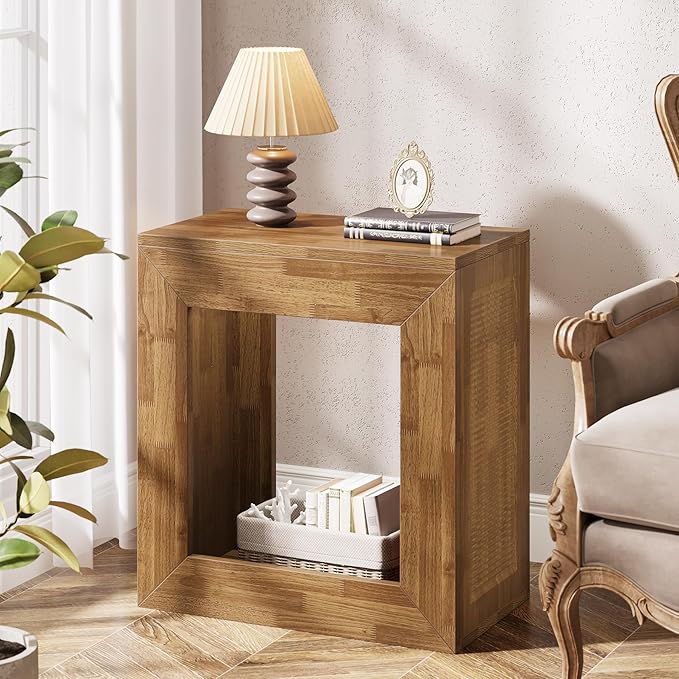 Tribesigns Rustic End Table, 2-Tier Wooden Side Table with Sturdy Base, Farmhouse Narrow Nightstand with Storage Shelf for Living Room, Bedroom, Brown