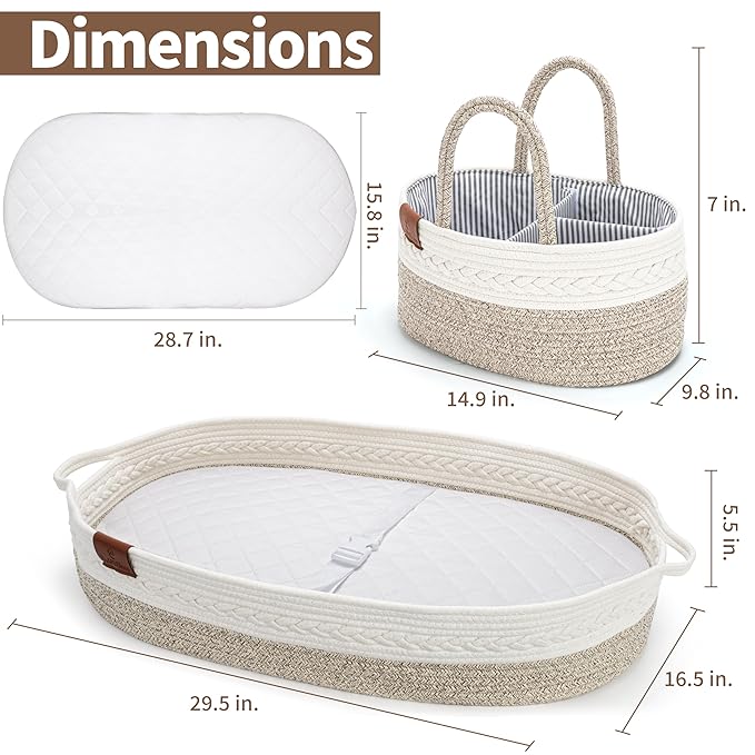 Deluxe Baby Changing Basket for Baby Dresser, Baby Moses Baskets for Newborn, Cotton Diaper Bassinet, Unisex Moses Basket for Babies, Foam Change Diaper Changing Pad for Dresser, Changing Table Topper