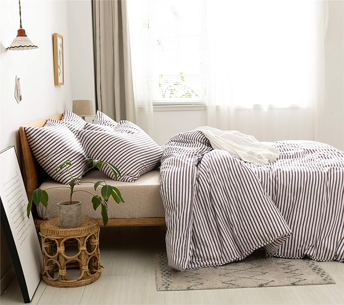 JELLYMONI 100% Natural Cotton 3pcs Striped Duvet Cover Sets,White Duvet Cover with Purple Stripes Pattern Printed Comforter Cover,with Zipper Closure & Corner Ties(Full Size)