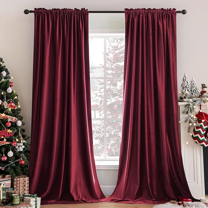 MIULEE Burgundy Velvet Curtains Thermal Insulated Blackout Curtain Christmas Drapes for Bedroom Living Room Darkening 72 Inches Long Curtains Panels Rod Pocket Set of 2