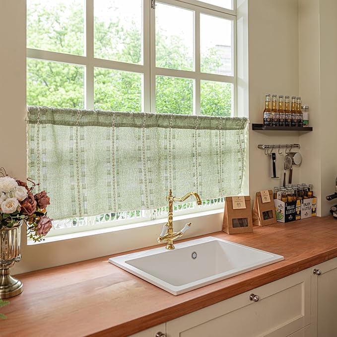 Deeprove Boho Valance Kitchen Short Curtain Tassel, Textured Striped Drape Tier Embroidered Shabby Chic Window Treatment for Cafe Dinging Room Closet, W52 x L18 inch Rod Pocket 1 Panel Sage Green
