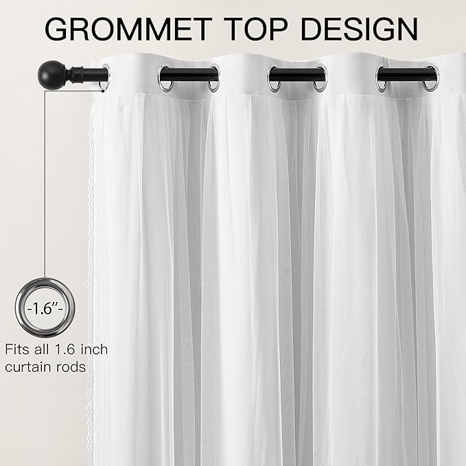 XiDi 100% Blackout White Curtains with Sheer Overlay 84 Inches Long Double Layer Curtains for Living Room Girls Kids Bedroom Light Blocking Thermal Insulated Drapes Grommet Set of 2 White 34W x 84L