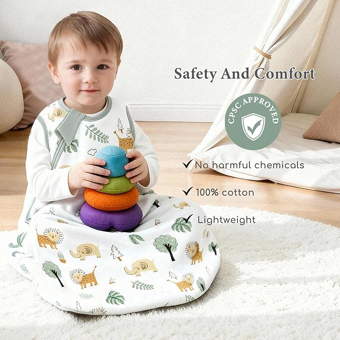 Baby Sleep Sack 18-24 Months 1.0 TOG, 100% Cotton Baby Wearable Blanket with 2-Way Zipper, Infant Toddler Sleeping Sack for Newborn Boys and Girls, Green & Lion