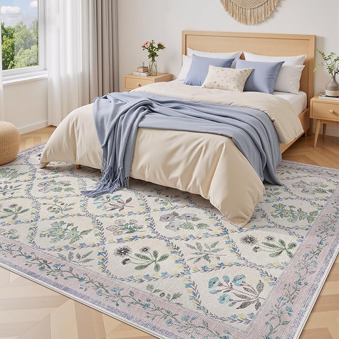 Purple Rugs for Bedroom, Machine Washable Area Rug 6x9 for Floral Nursery Decor, Large Non-Slip Cute Carpet for Baby Kids Bedroom Under Bed, Lounge, Dorm, Living Room Decor, Purple Grey