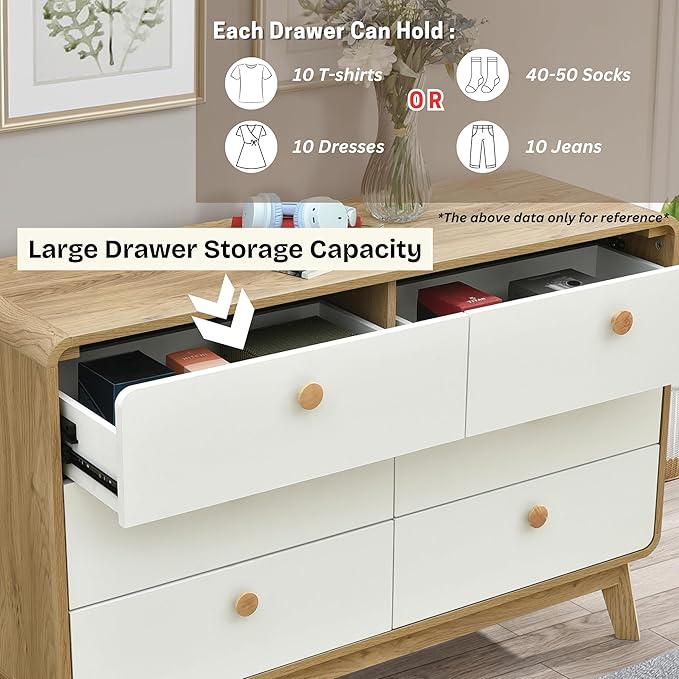 ELISA HOME Aries 6 Drawer Dresser for Bedroom, 47.3″ W Perfect for organizing Clothes, linens, or Accessories., Ideal for The Bedroom, Hallway, Nursery, or Living Room, Oak/White