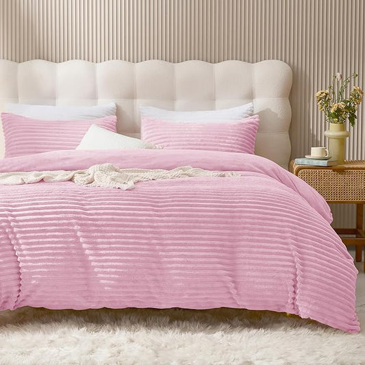 JELLYMONI Plush Duvet Cover Set - Queen Size Pink Striped Fluffy Comforter Cover 3pcs Bedding Set Luxury Ultra Soft Faux Fur Duvet Cover with Zipper and 2 Pillowcases (NO Comforter)