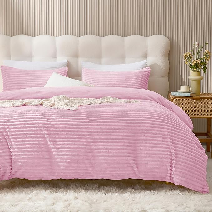 JELLYMONI Plush Duvet Cover Set - Twin Size Pink Striped Fluffy Comforter Cover 2pcs Bedding Set Luxury Ultra Soft Faux Fur Duvet Cover with Zipper and 1 Pillowcase (NO Comforter)