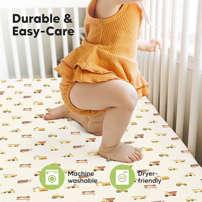 KeaBabies 2-Pack Baby Crib Sheets for Boys, Girls - 52x28 Viscose Derived from Bamboo Toddler Bed Sheets Neutral, Fitted Crib Mattress Cover for Standard Baby Bedding, Soft & Cozy (Construction)
