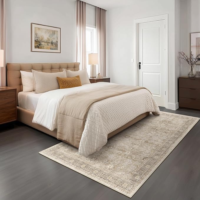 Neutral Beige 5x7 Area Rugs for Living Room Bedroom, Washable Non Slip Low Pile Thin Soft Carpet Rugs for Dining Room/Kitchen/Home Office/Nursery, Vintage Earth Tone Rug with Decorative Fringe