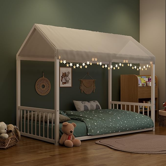 Merax Twin Floor Bed Frame, Montessori Style Metal House Shaped Kids Bed with Vertical Safety Guardrails, No Slats, Grounded Design for Kids and Toddlers, Easy Assembly, White