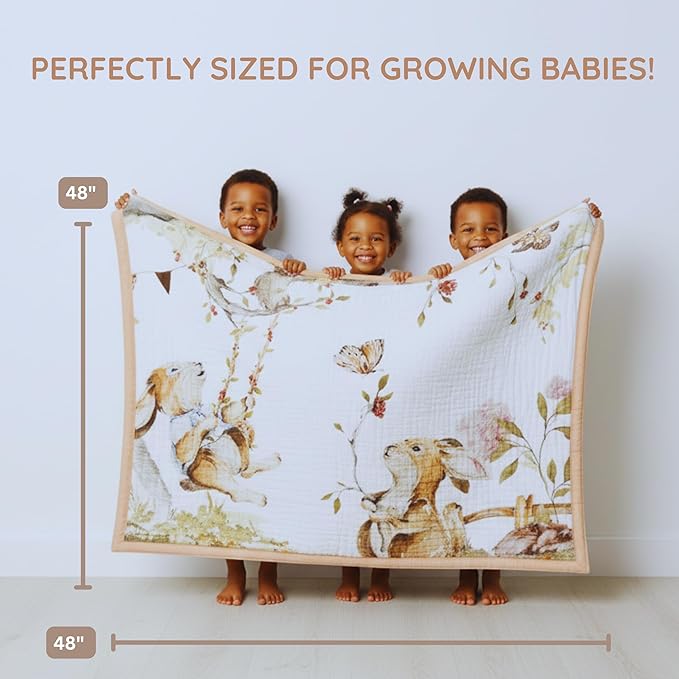Baby Muslin Woodland Blanket – Reversible Cotton Muslin Baby Quilt, 48x48 Woodland Blanket for Newborns & Toddlers – Gender Neutral, Soft & Breathable