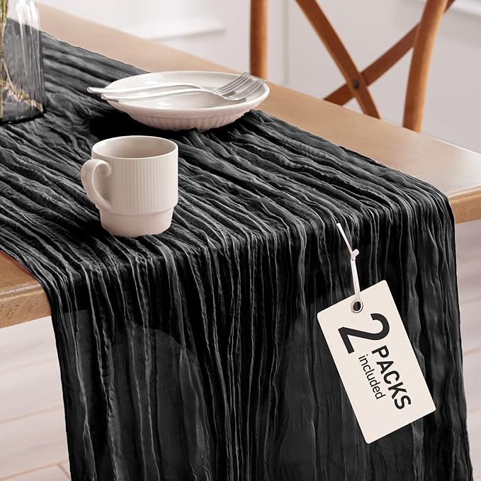Pureegg 2-Pack Cheese Cloths Table Runner, 120'' Boho Table Cloth Decorations for Party, Baby Shower, Wedding and Farmhouse, Fabric Room Decor, Black