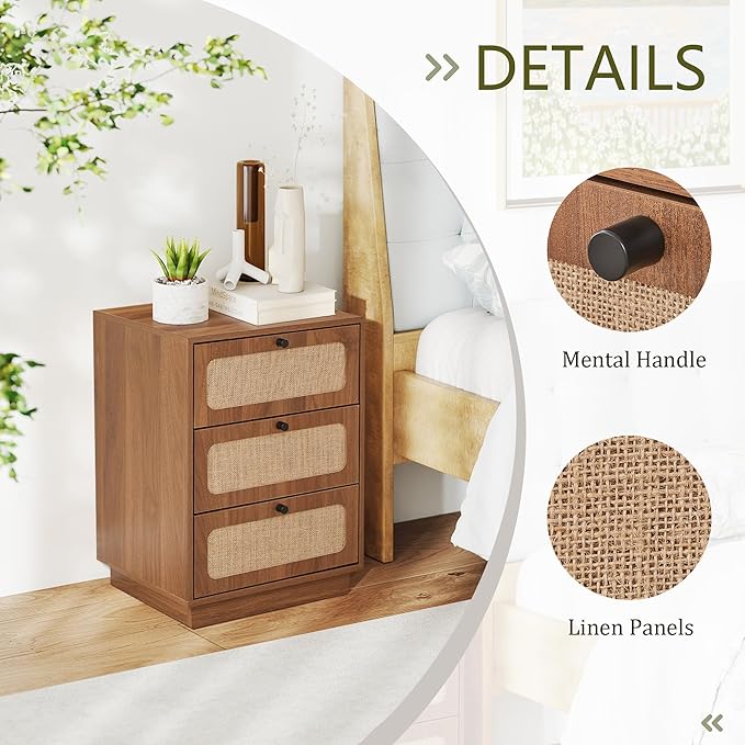16" Nightstand with 3 Drawer, Mid-Century Wood Night Stand Storage with Linen Decor, Farmhouse Small Side Table for Sofa Couch, End Table for Bedside Bedroom, Living Room (Walnut)