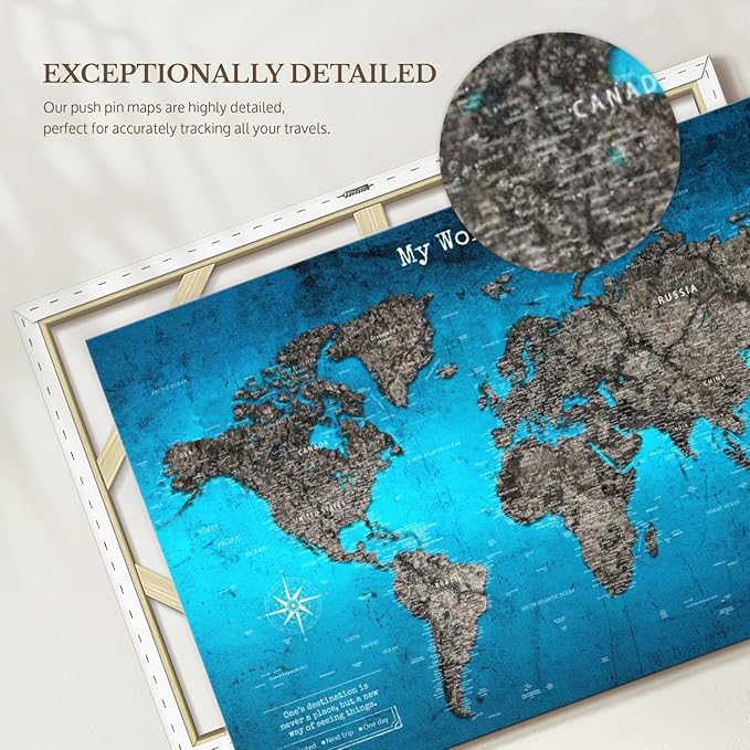 ElephantStock - My World Push Pin Travel Map Iii Wall Art - Horizontal Canvas Wall Art - Living Room Wall Decor - Digital Art Map Canvas Art - Turquoise And Blue Decor - 39" x 26"