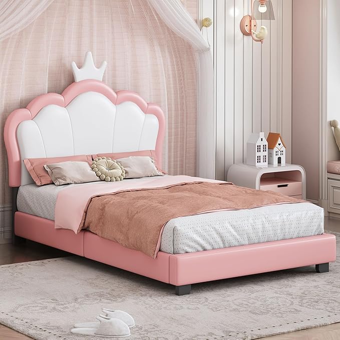 Twin Size Princess Bed Frame with Crown Shaped Headboard for Kids,Upholstered Platform Bed with Slats Support,Twin Girls Bed,Twin Bed for Girls Teens,Pink