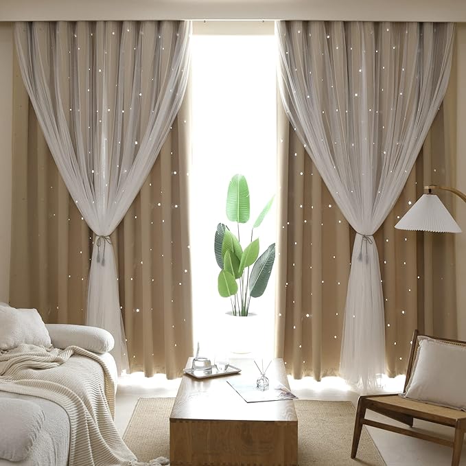 Kinryb Kids Blackout Curtains for Bedroom/Living Room/Classroom, Sheer Overlay 2 Panel Set, Double Layer Curtains with Star Cutout for Kids Room(Each Piece W 70 x L 72 Inches 2 Pcs Beige)