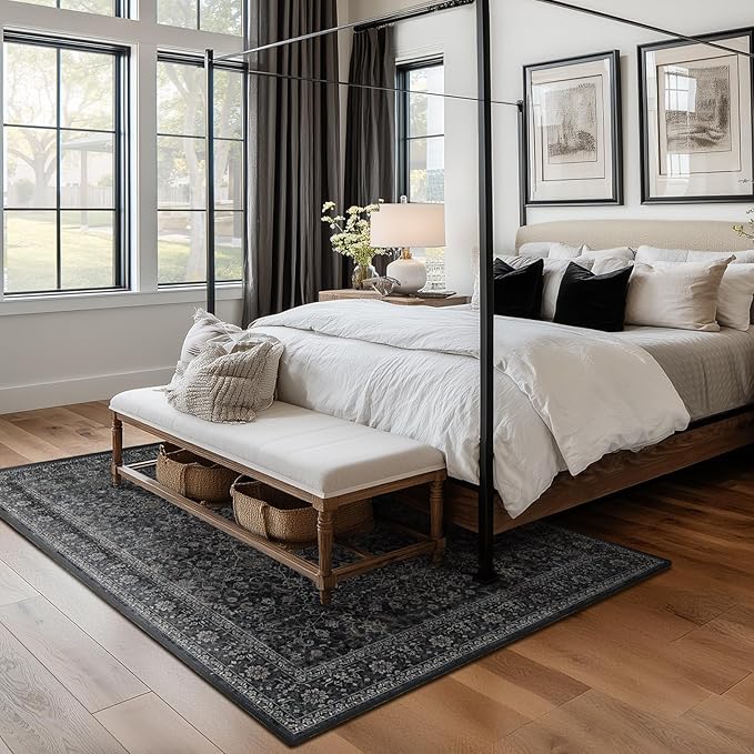 Charcoal 5x7 Area Rugs for Living Room Bedroom, Washable Non Slip Low Pile Thin Soft Carpet Rugs for Dining Room/Kitchen/Home Office/Nursery, Vintage Earth Tone Dark Muted Black and Grey Rug