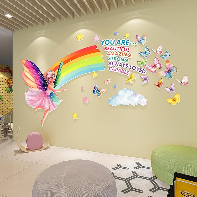 3D Fairy Wall Stickers for Girls Room Decor Wall Decals Peel and Stick for Girls Bedroom Large Pink Princess Pictures Kids Murals Wallpaper Art Inspirational Decor for Nursery Toddler