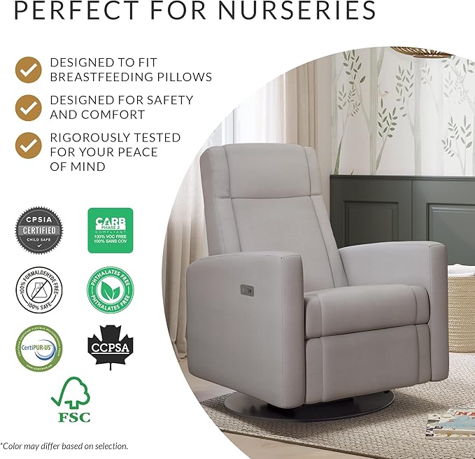 Jaymar Nelly Modern Nursery Chair Glider Recliner with 180° Swivel - Cozy Motorized Reclining Nursing Chair with USB Ports, Gentle Motion, Hybrid Memory Foam, Lumbar Support (Sand/Puppy Fabric)