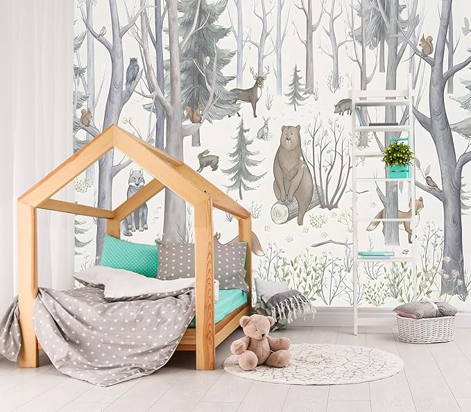 XMPMBM-Cartoon Hand-Painted Animals Woodland Nursery Room Fabric Wallpaper Graffiti Pine Forest Kids Gaming Room Wall Mural-W 132" X H 92"（93 Square Foot）
