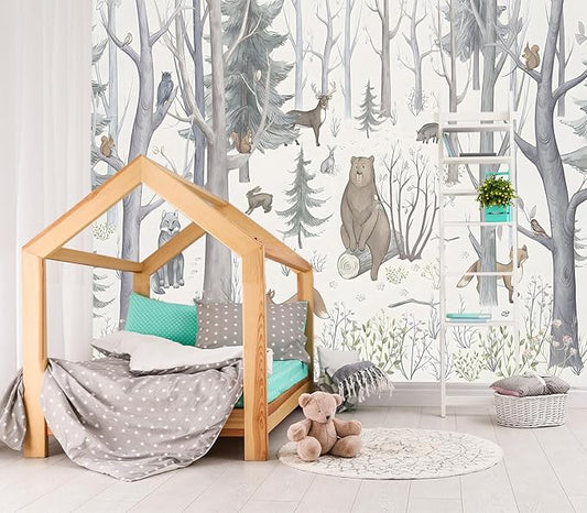 XMPMBM-Cartoon Hand-Painted Animals Woodland Nursery Room Fabric Wallpaper Graffiti Pine Forest Kids Gaming Room Wall Mural-W 154" X H 105"（112 Square Foot）