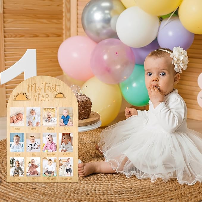 R HORSE My First Year Photo Display Wood Board - Fits 2 x 3 Inch Photo, 3D Boho Sun Baby's First Year Picture Frame 12 Months Milestone Board Baby Keepsake Birthday Nursery Decor Gift for Boy Girl