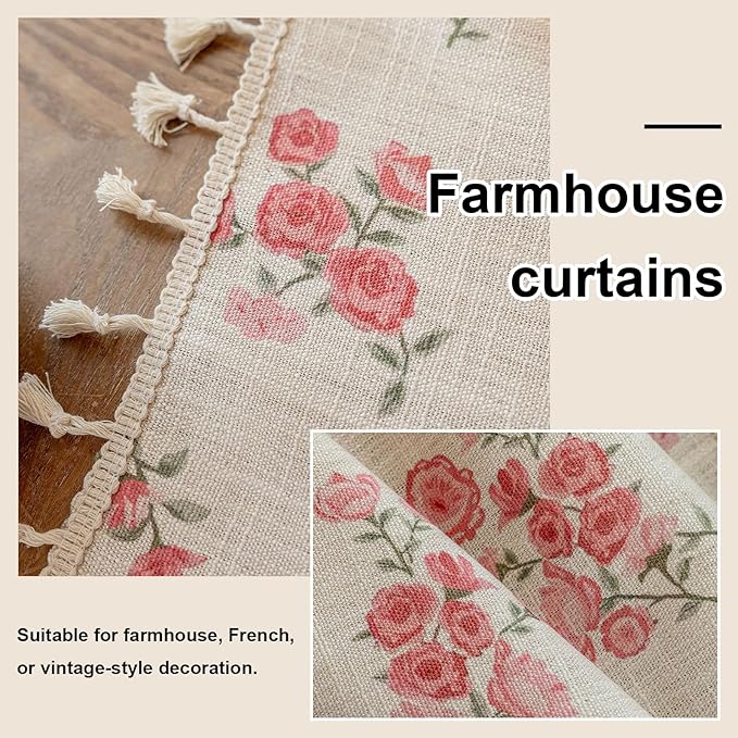 OYX Pink Boho Floral Curtains 84 Inch Long 2 panels, French Vintage Farmhouse Patterned Decor Window Drapes With Tassels, Girls Semi-Sheer Light Filtering For Bedroom Living Room (Rod Pocket, 52Wx84L)