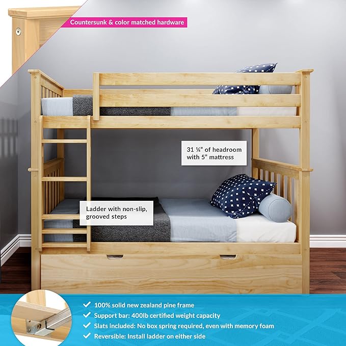 Max & Lily Bunk Bed, Twin-Over-Twin Wood Bed Frame For Kids With Trundle, Natural