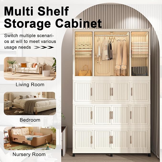 Portable Closet Wardrobe, Foldable Clothes Organizer with 17 Cubes Storage, Hanging Rods, Easy Assemble Clothing Organizer with Magnet Doors, Wardrobe Storage Cabinet for Kids,Baby,Adult