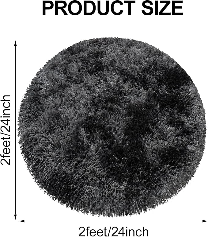 2 ft Small Black and Grey Round Rug for Bedroom,Tie Dyed Soft Shaggy Circle Rug Fluffy Plush Round Carpet for Kids Girls Boys Room Baby Nursery Living Room Playroom Home Décor Washable