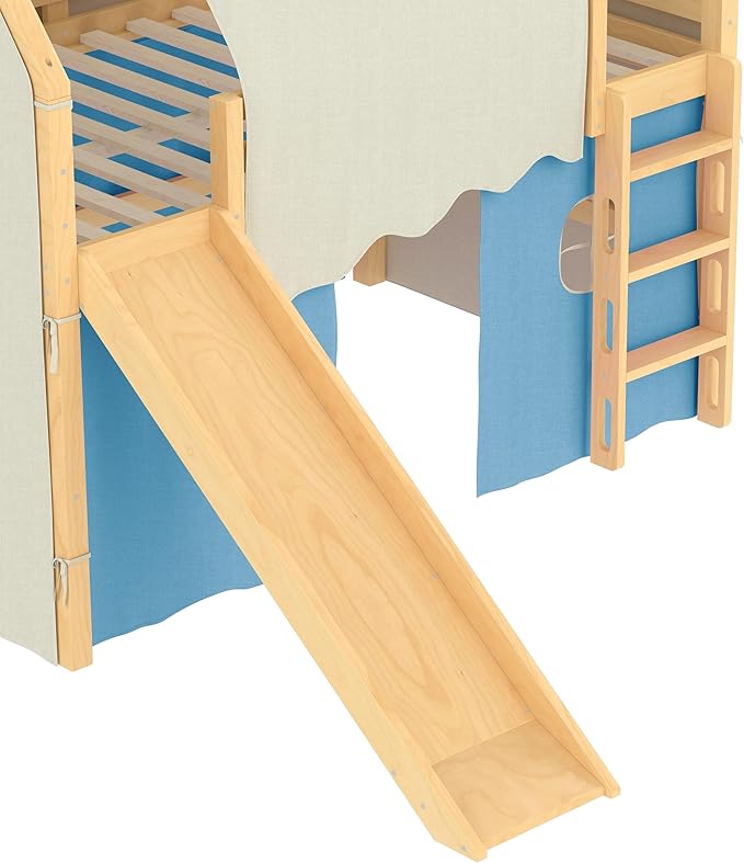 Playhouse Design Full Size Loft Bed with Slide & Tent, Solid Wood Tent Bed Frame for Kids Boys Girls, Versatile Spacious Under Bed Space, Chic Design with Lights (Natural+Blue-Full)