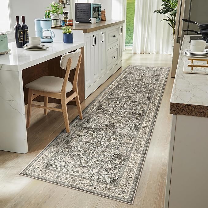 WITSHOCK Extra Long Runner Rug for Hallway 3x14: Washable Vintage Boho Soft Non-Slip Low Pile Stain Resistant Foldable Carpet for Bedroom Entryway, Distressed Farmhouse Floral Home Decor, Brown/Lvory