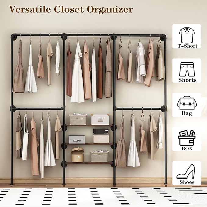 Industrial Pipe Clothing Rack, Wall Mounted Clothes Rack, Heavy Duty Closet Organizers Wardrobe Multi-Purpose Storage Clothes Hanging Shelf-94.5''L Black
