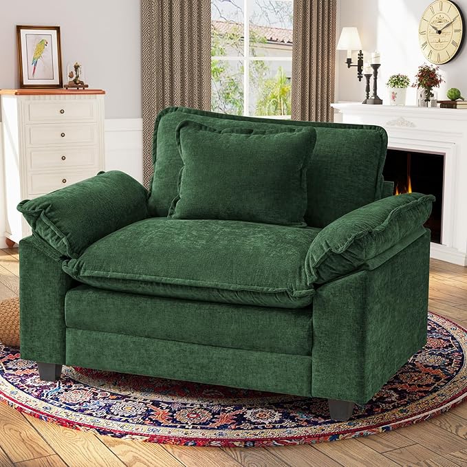 CDCASA Oversized Accent Chair, Chenille Comfy Cloud Sofa Chair with Large Seat and Upholstered Armrests, Modern Extra Wide Armchair Reading Chairs for Living Room,Bedroom, Green