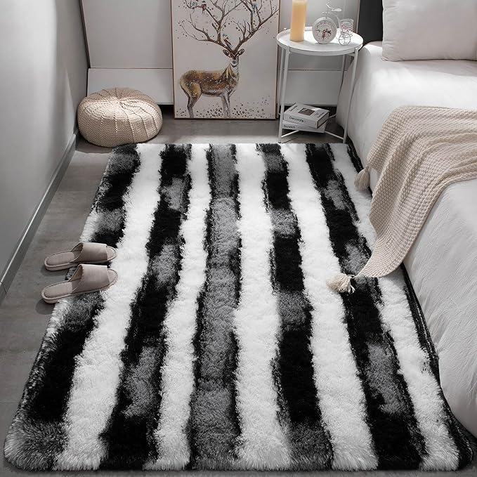 Meralax Area Rugs for Living Room Bedroom, Machine Washable 5x8 Feet Soft Fluffy Shaggy Rug, Black and White Stripe Indoor Floor Carpet for Boys, Dorms, Nursery Rooms, Home Decor Aesthetic