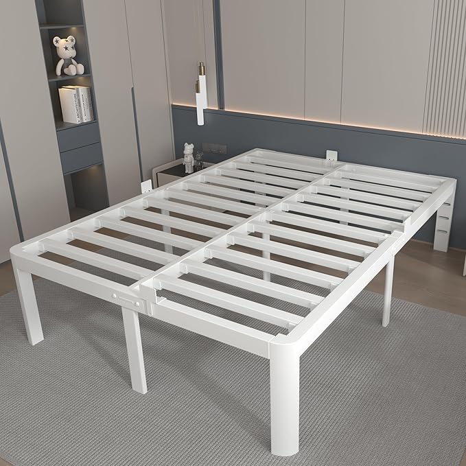 16 Inch White King Size Bed Frame, Metal King Bed Frame with Baffles, No Box Spring Needed, Heavy Duty Steel Platform Support, Round Corner Legs, Reserved Holes, Storage Space, Noiseless